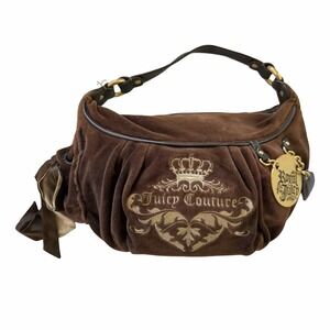 Vintage Y2k JUICY COUTURE  Velour Dumpling Twig Dogs Brown Shoulder Hobo Bag